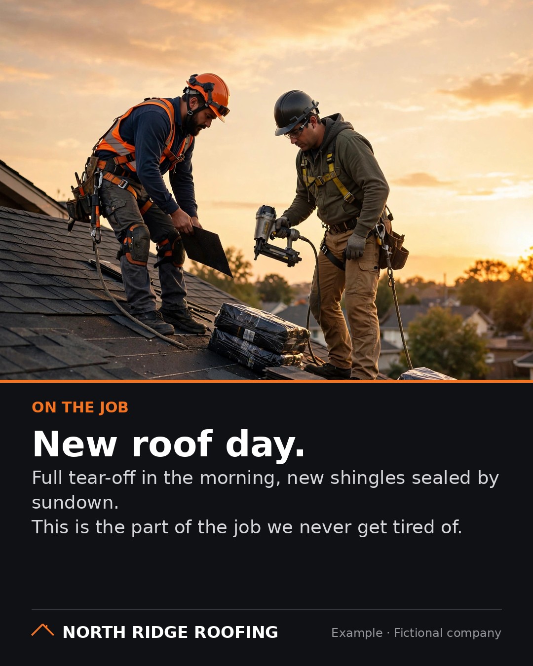 Example project story feed post for a fictional roofing company: a crew installing a new roof at golden hour