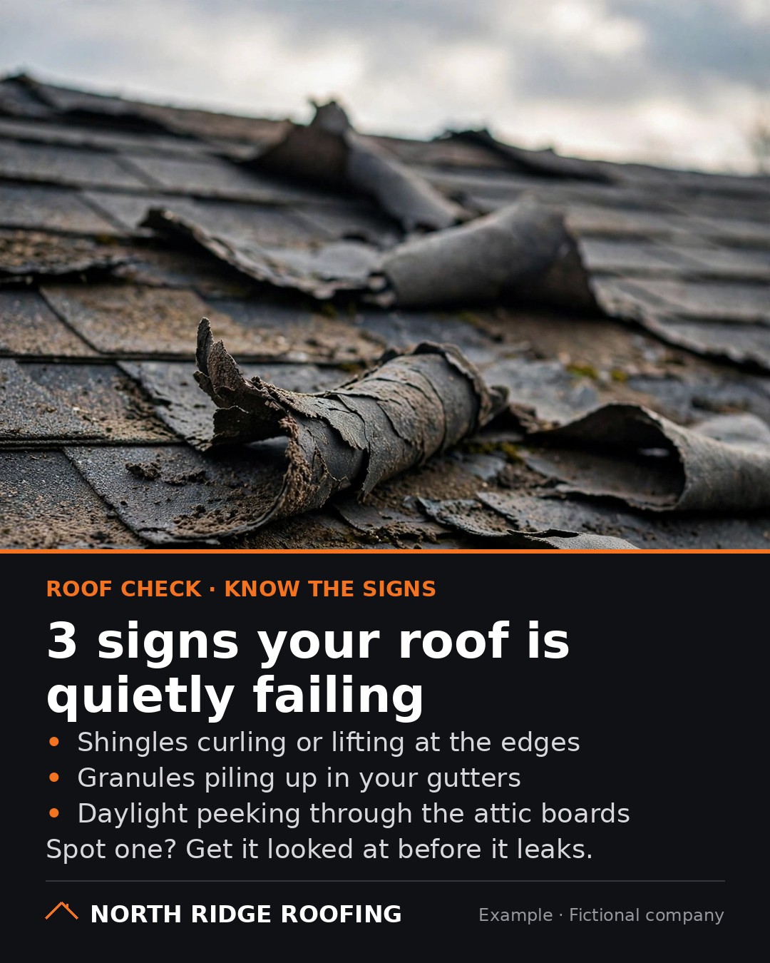 Example educational feed post for a fictional roofing company: three signs a roof is failing