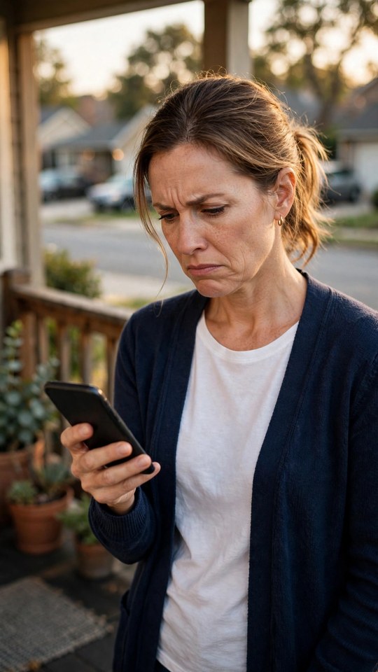 Storyboard frame: a homeowner on her porch, staring at a phone nobody answered